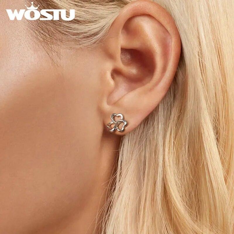 WOSTU Original 925 Sterling Silver Clover Stud Earrings Ear Studs Plated White Gold Fine Jewelry For Women Wedding Party Gift