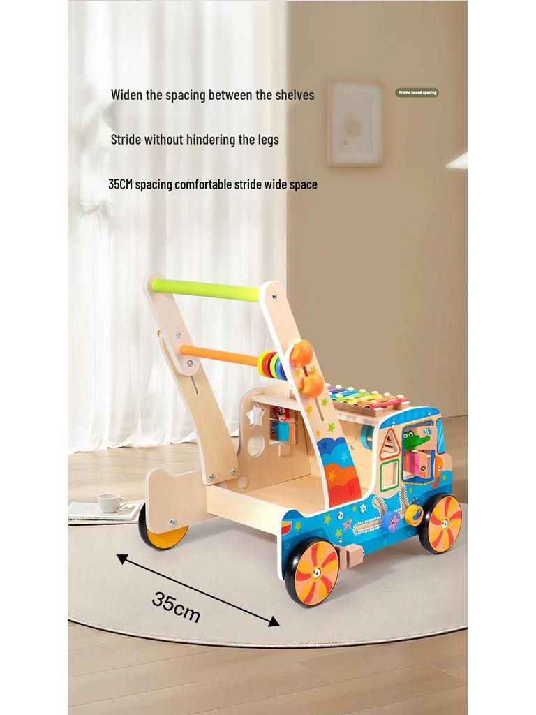 Baby Wooden Push Walker with Building Blocks, Xylophone, Puzzle, and Matching Toys