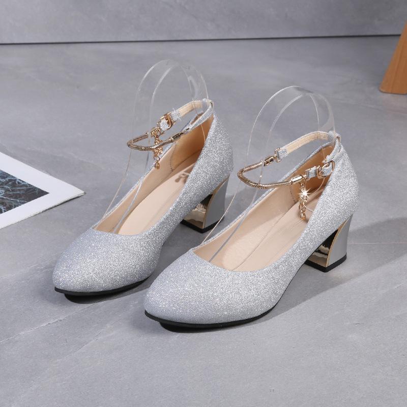 Mom Shoes Thick Heel Medium Heel Shallow Mouth Women's Single Shoes Spring New Women's One-word Buckle Fashionable Metal Decorative Women's Shoes