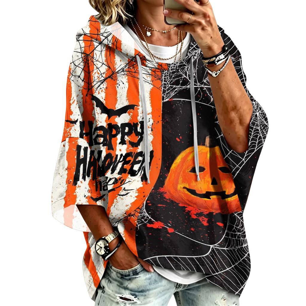 Women's Fashionable Three-Quarter-Sleeve Halloween-Printed Hooded Pullover