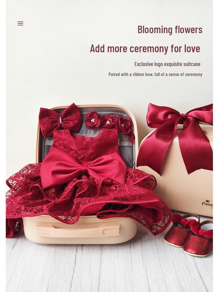 Baby Girl Red Lace Rose Dress - First Birthday Princess Outfit with Gift Box