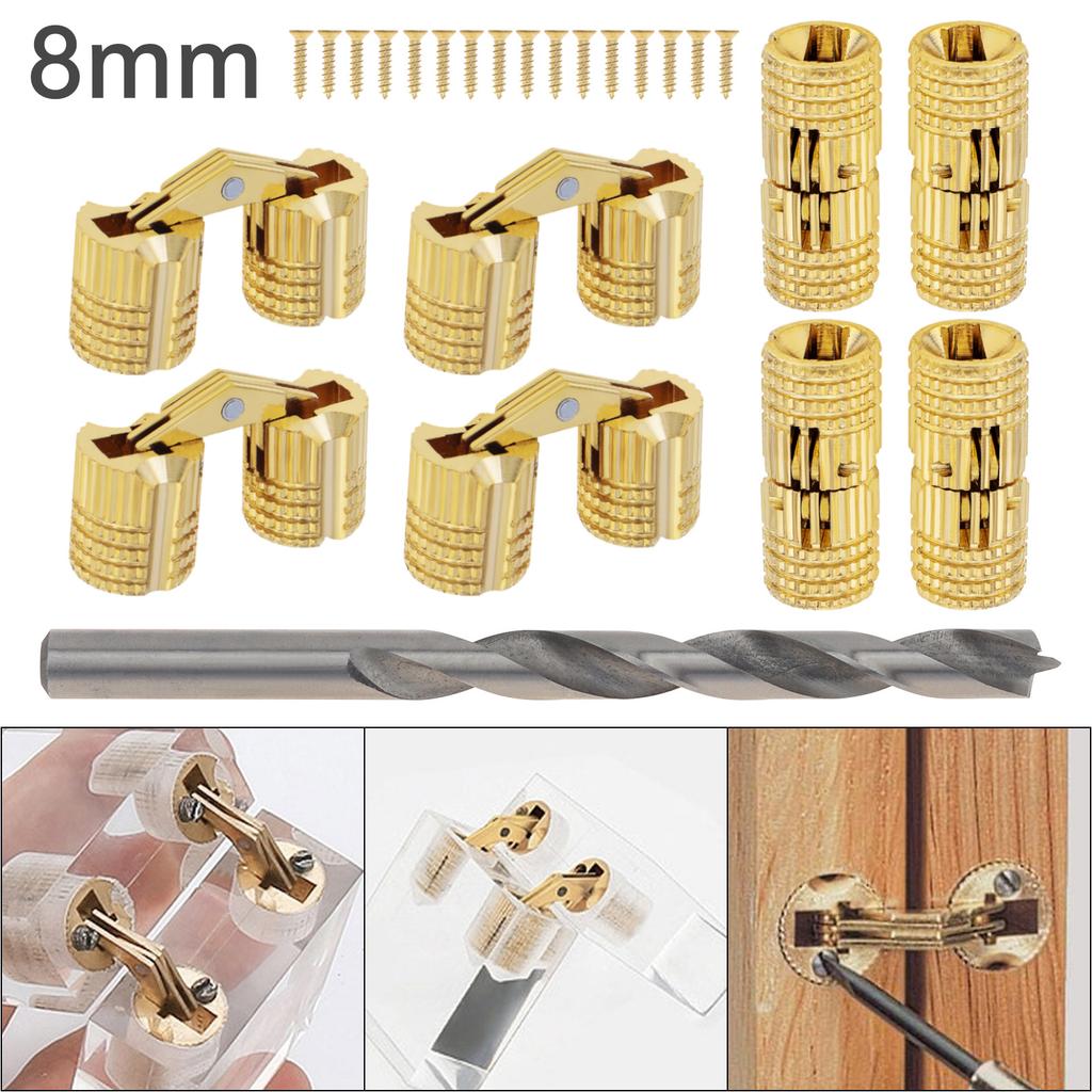 8 pcs 8mm Invisible Brass Barrel Furniture Hinges, Fit for DIY Jewelry Box Hand Craft with 16 pcs Screws,8 mm High-speed Steel Drill