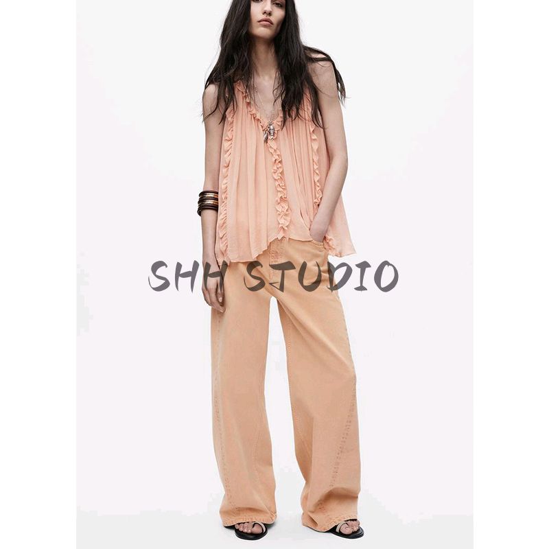 Spring and Summer New Women's Clothing Sweet Style Asymmetric Hem Laminated Decoration V Neck Sleeveless Tops 2917219