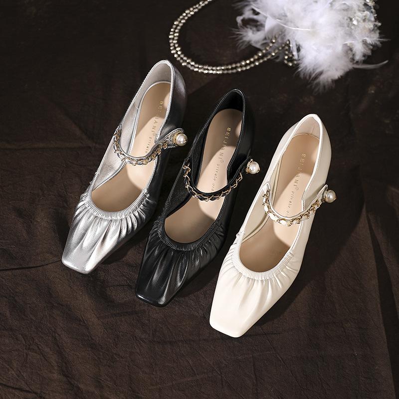 Leather Retro Pleated Square Head Mary Jane Shoes Women's Word with Chain Thick Heel Single Shoes
