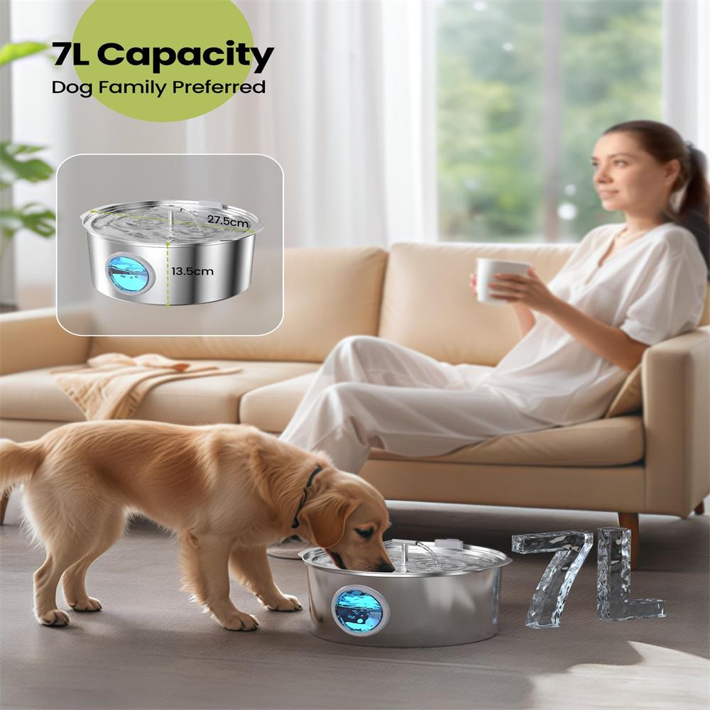 7L Large Capacity Stainless steel Cat Dog Pet Drink Fountain With Water Level Window Silent Water Pump Dispenser USB Water Bowl