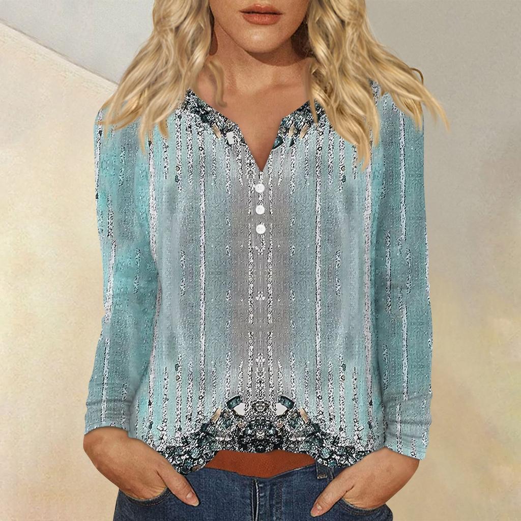 Women's Fashion Casual Printed V-neck Long Sleeve Button Up T-shirt Top