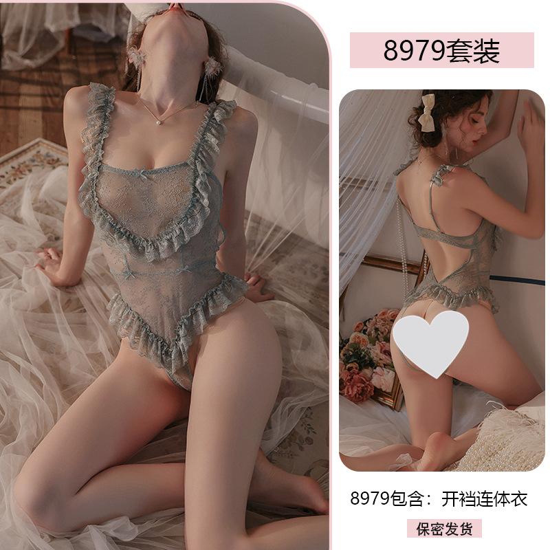 Sexy Sexy Lace Seduction Onesie Female Pure Desire Perspective Open Crotch Pajamas Uniform Suit