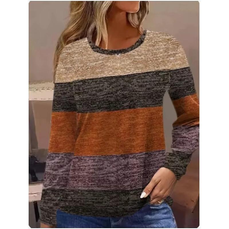 Jarní a podzimní trička s kulatým výstřihem, 3D pruhy, barevně sladěný potisk, módní, ležérní, s dlouhým rukávem