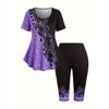 Europäische und Amerikanische Mode Übergröße Farbkombination Schmetterling Glitzernde Pailletten Bedrucktes Kurzarm-T-Shirt und Cropped Hose