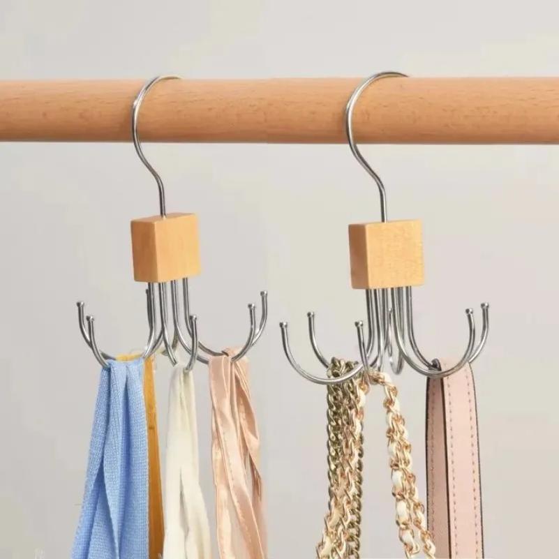 360° Rotating Storage Hanger Hook Multi-Claw Bag Metal Belts Rack Wooden Organizer for Bras Ties Scarves Household Closet