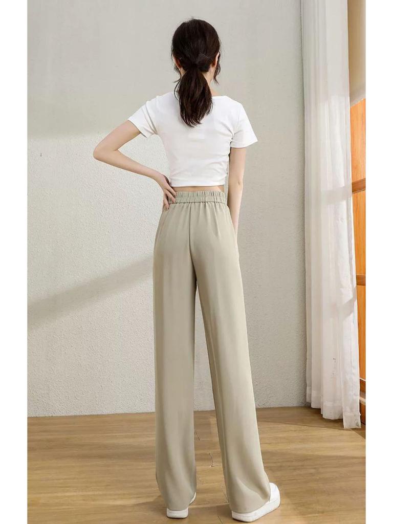Women's Spring/Summer High Waist Apricot Wide Leg Draping Pants - Loose, Floor-Length, Petite Fit