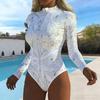 Costum de baie dintr-o piesă cu mânecă lungă pentru femei, cu fermoar frontal, imprimeu cu pete și flori, protecție împotriva erupțiilor cutanate, costum de baie pentru surf și plajă