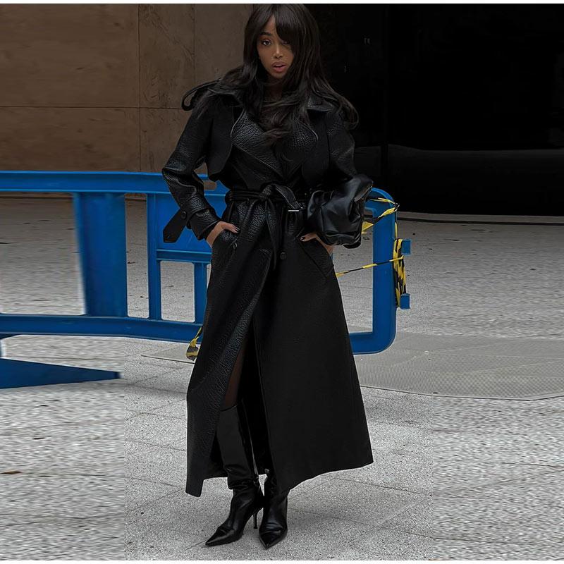 Street Vintage Long Leather Jacket Women Double Breasted Lapel Lace Up Full Sleeve Belt Jackets 2025 Spring Fashion Lady Outwear