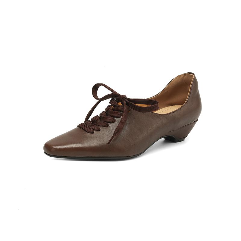 Mode Maat 34-41 Retro Lage Hak Schoenen voor Dames Echt Leer Veters Lage Hakken Schoenen Vintage Lente 2025 Nieuw Kantoor Dame Dagelijkse Jurk