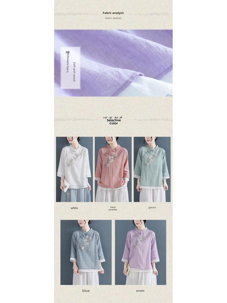 Damen Retro Baumwoll-Leinen-Hemd: Bestickt, Chinesischer Stil, Stehkragen, Dreiviertelärmel, Lockere Passform, Frühlings- & Sommeroberteile