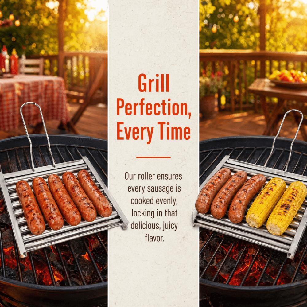 Foldable Handle Hot Dog Roller Stainless Steel BBQ Grill Rack Sausage Roller Rack Outdoor BBQ