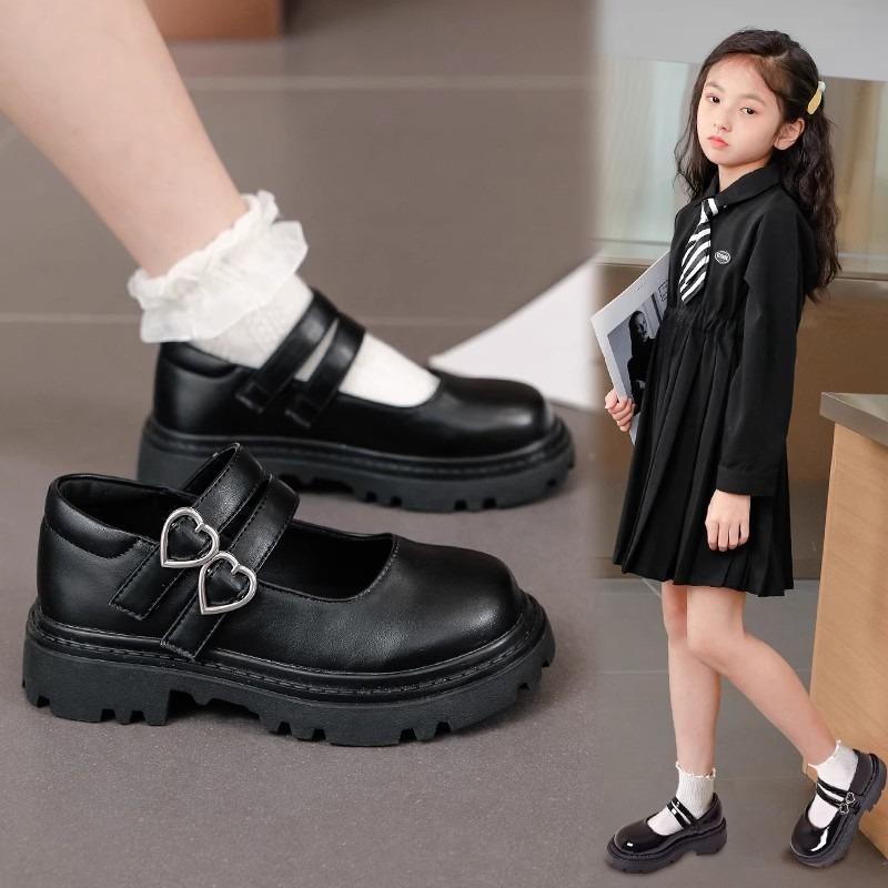 Girls Chunky Platform Mary Jane Shoes Children's Heart Buckle Strap Thick Heels Pumps Woman Black Patent Leather Lolita Shoes