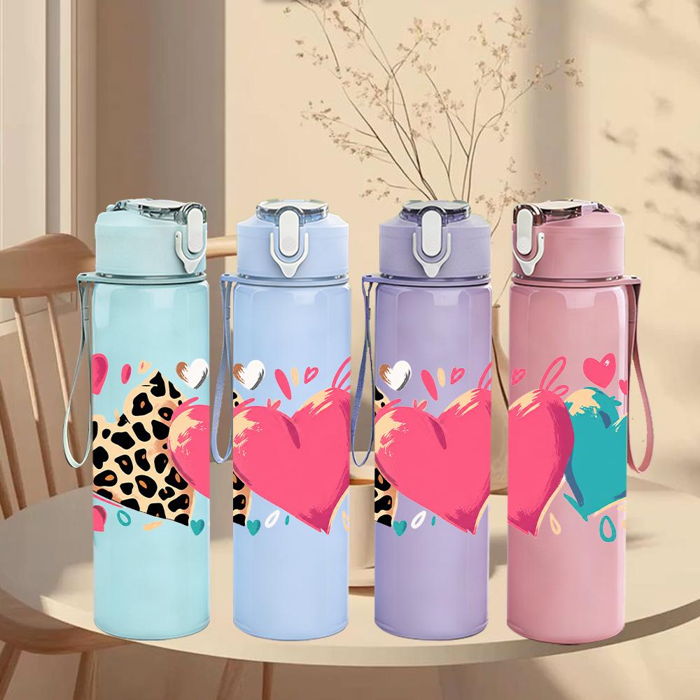 1PC Multi Texture Patch Heart Combo 750ml Color Plastic Sports Water Bottle Leakproof Flip Straw Lid Suitable for Sports Office Home Use