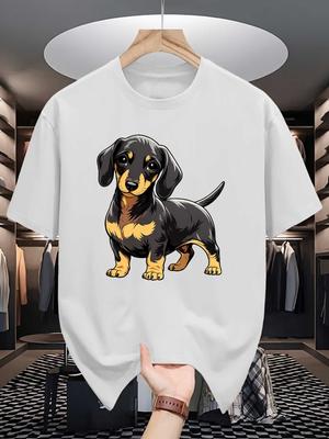 Cute Dachshund Unisexs Crew Neck T Shirt Black And Tan Sausage Dog Realistic Cartoon Pet Graphic Short Sleeve Casual Street Tops