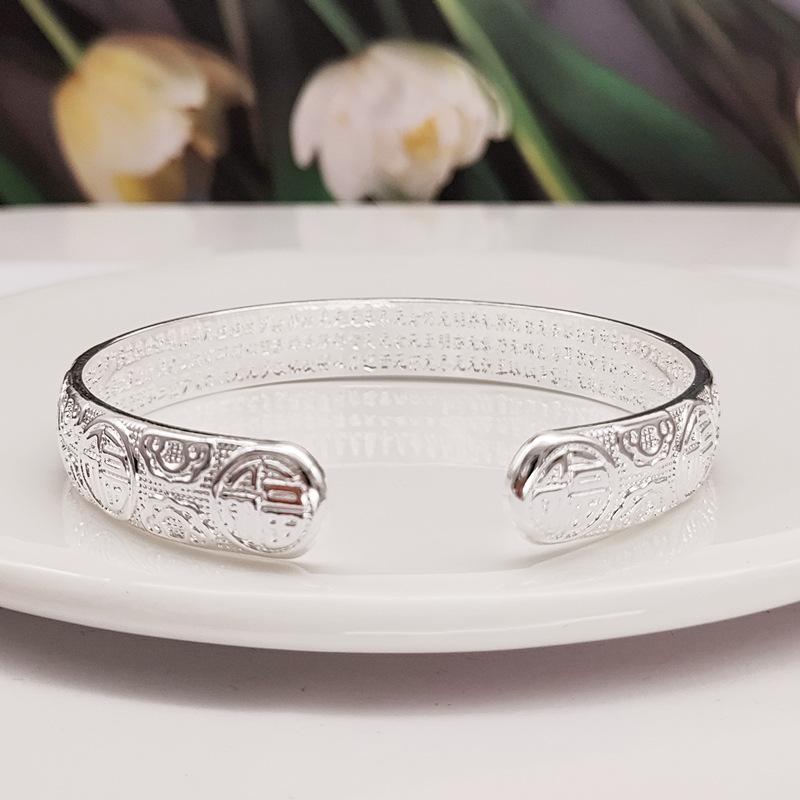 Bracelet Women's Solid Open Young Six Character True Words Bracelet White Copper Plated Silver Wide Bracelet Jewelry