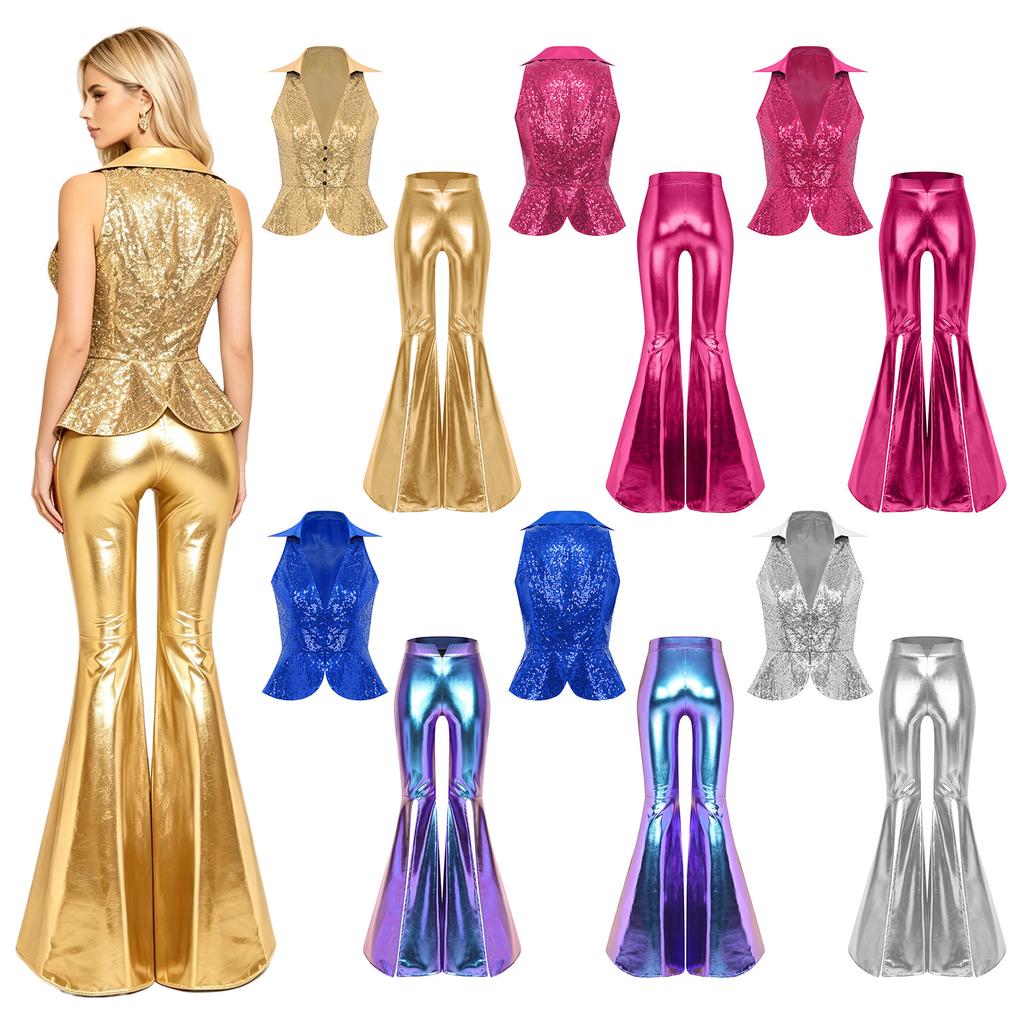 S-3XL Brokatowy Zestaw Dwuczęściowy Disco Sequinowy Kołnierz Krótka Kamizelka i Spodnie Dzwony z Wycięciem po Boku na Klub Nocny Studniówkę