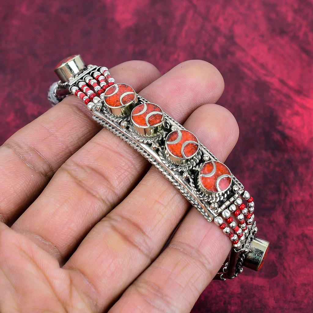 Rød Korall Håndlaget Edelstensarmbånd, 925 Solid Sterlingsølv Armbånd Antikke Nepalske Smykker, Til Forlovelsesgave