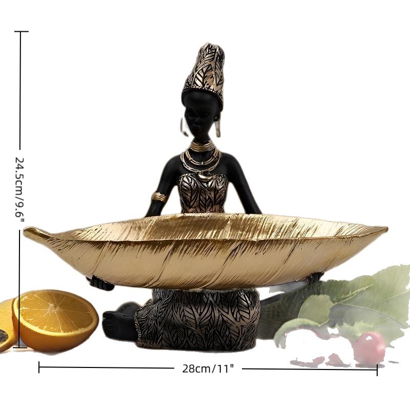 African Girl Holding A Plate Sculpture, Home And Office Decorative Storage Ornament, Vintage Collectible Craft Deskt Decor
