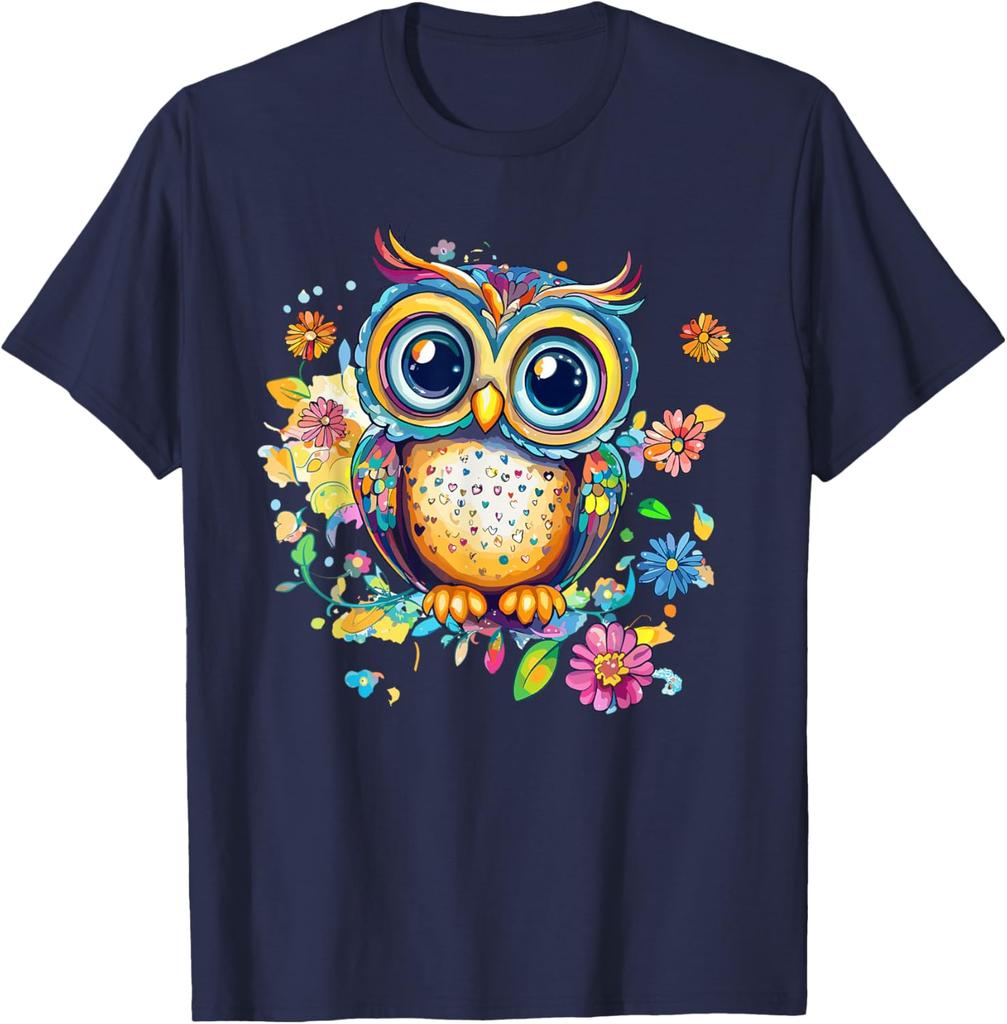 Vibrant Owl With Colorful Flowers Graphic T-Shirt Casual Cotton Print Crewneck Tee
