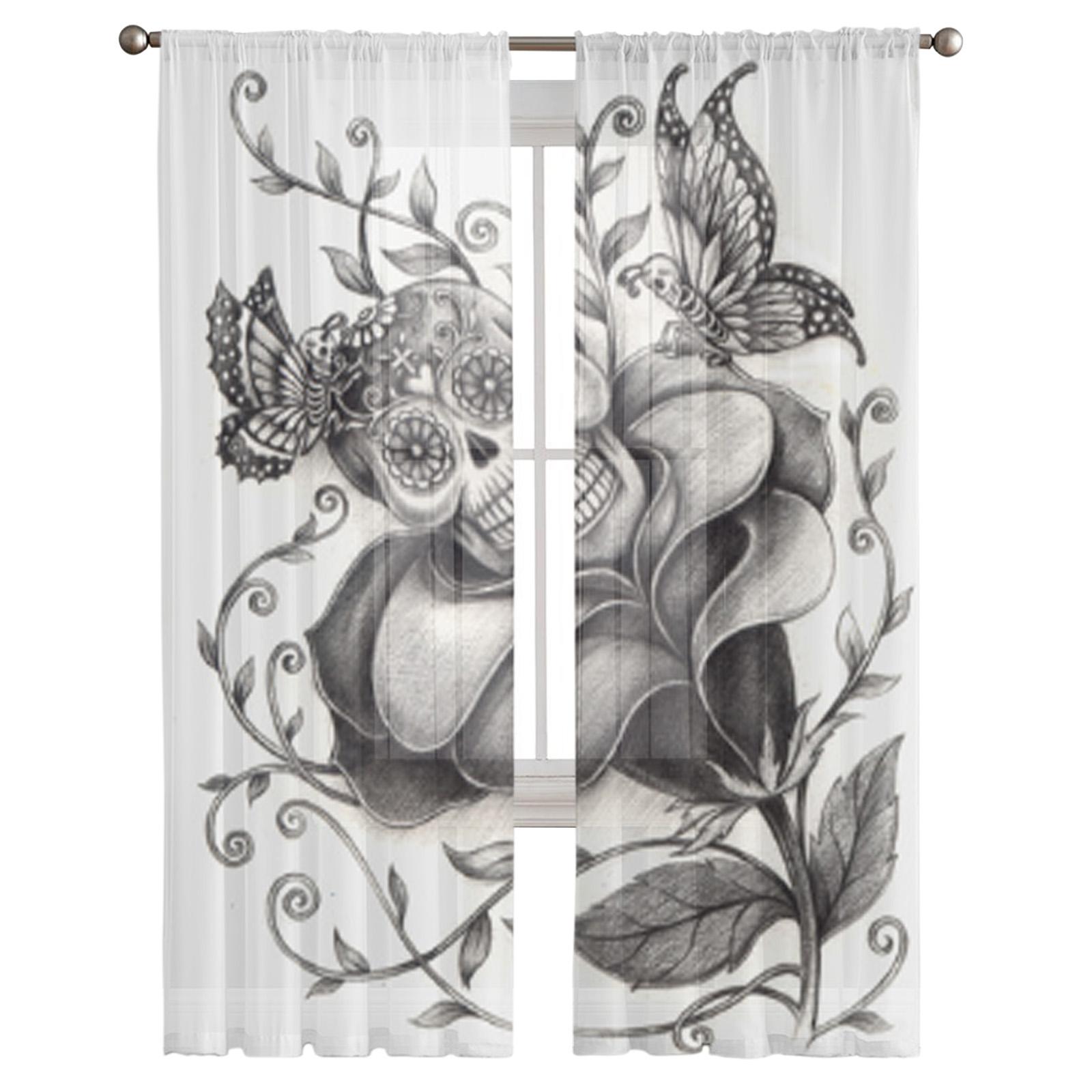 

Цветочный череп Искусство Бабочка Прозрачная занавеска для гостиной Современная вуаль Тюль Оконные занавески для спальни Кухня Шторы 135W x 114H(cm)