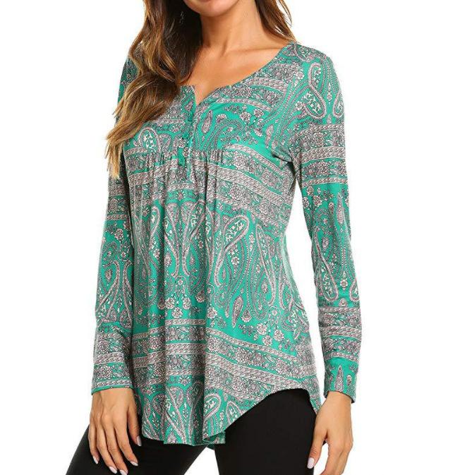 Vintage Print Long Sleeve for Women V-neck Button Down High Waist Irregular Long Sleeve Shirt Breathable Lightweight Soft Comfortable Work Top