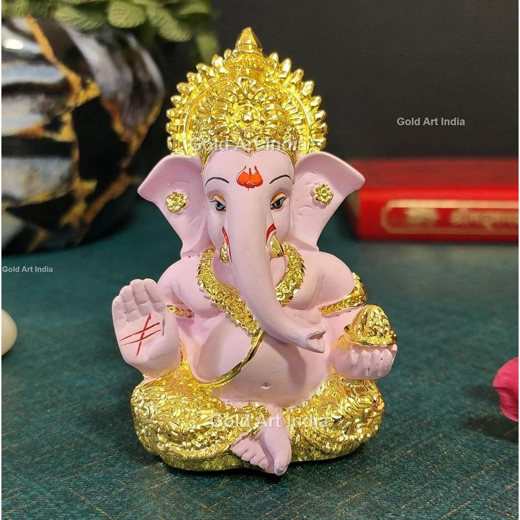 Gold Plated Ganesha with Terracotta Colour - Perfect for Car Dashboards, Office & Home Shelves, Diwali Puja, and Gifting