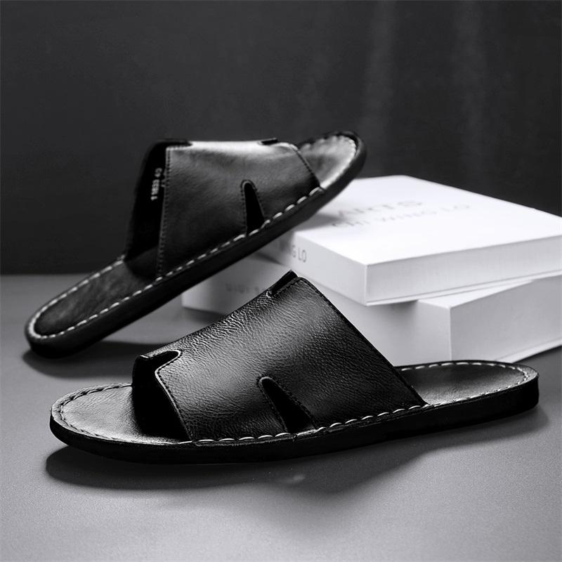 Pantofole da Uomo Fatte a Mano Semplici Sandali Bassi Esterno Estate Marrone Nero Ciabatte a Infradito Punta Aperta Scarpe da Spiaggia Taglia Plus