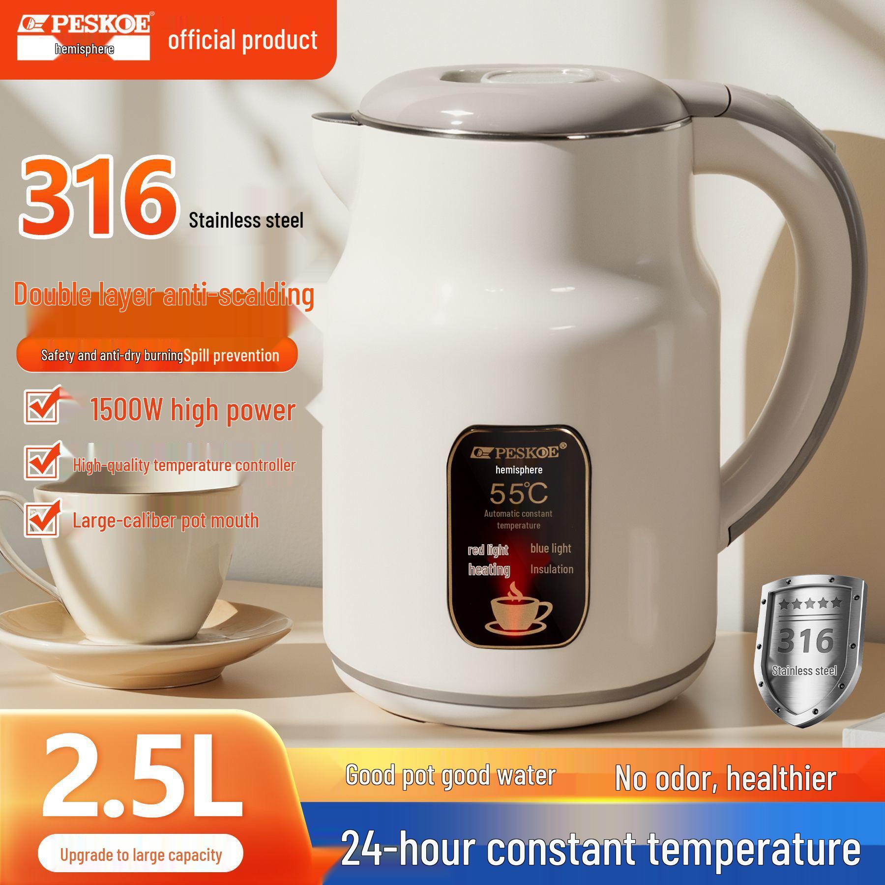 Positive Hemisphere Smart Electric Kettle, 316 Stainless Steel, 2.5L Capacity with Keep Warm and Constant Temperature Features. 2.5L Off-White - 304 Stainless Steel - Keep Warm