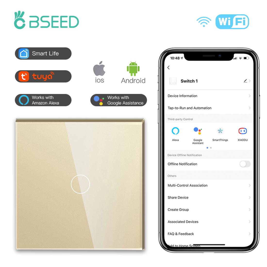 

BSEED Wi-Fi Настенные сенсорные выключатели 1/2/3 клавиши 1/2/3-ходовые Плюс розетки Управление Tuya Smart Life Alice Стеклянная панель Стандарт ЕС EU standard