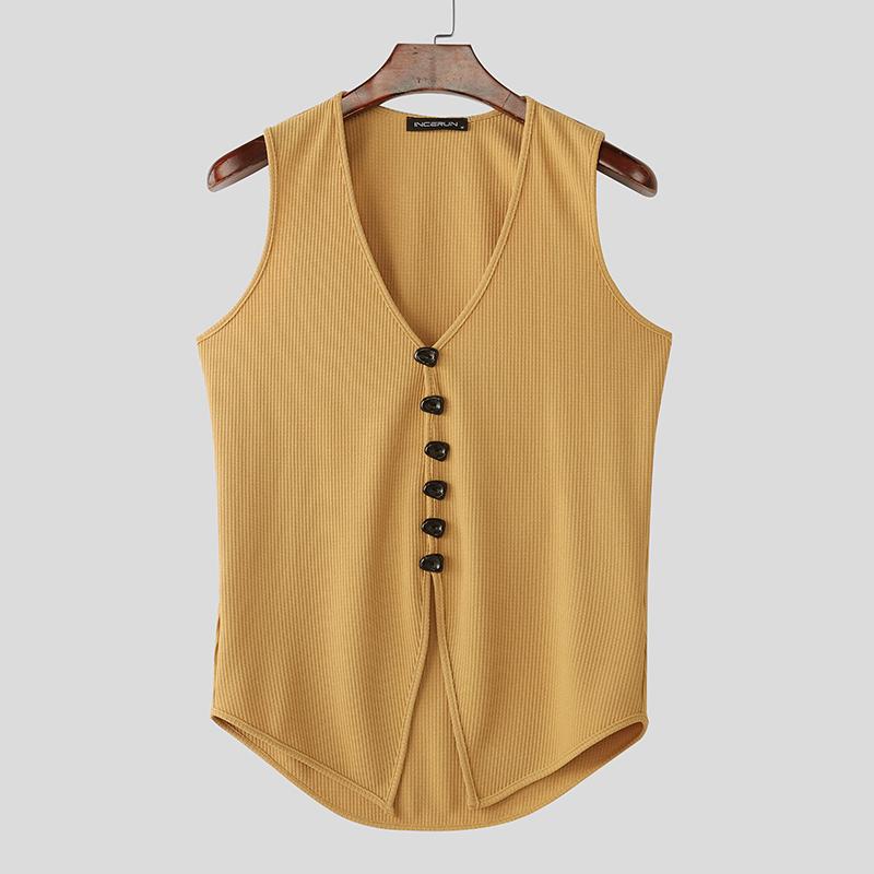 

INCERUN Summer Men Sleeveless Decorative Buttons Irregular Casual Slim Splits Tank Tops 5XL хаки