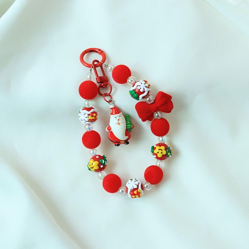 Flocked Bowknot Plush Beads Keychain Christmas Tree Beaded Cell Phone Lanyard  Christmas