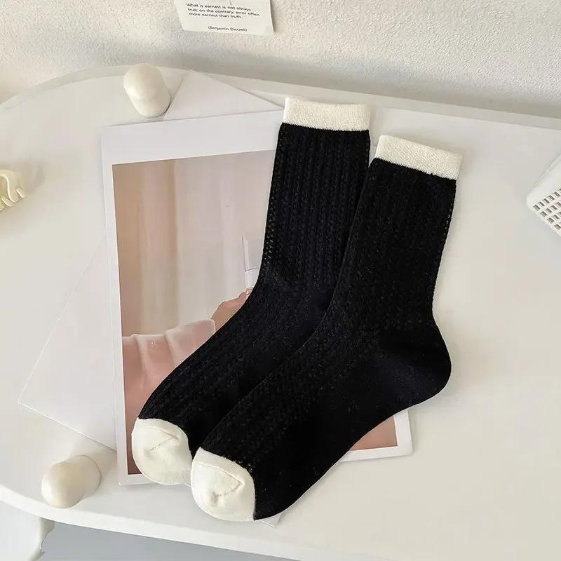 Summer Women Socks Hollow Out Mesh Thin Breathable Elastic Long Socks Korean Fashion Solid Color School Girls Crew Socks Women