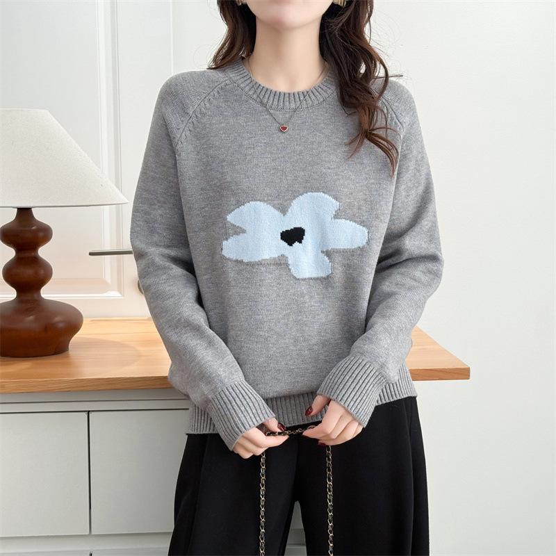 

Plus Size Women s Round Neck Jacquard Top - Slimming Long Sleeve Knitwear for Autumn/Winter 2025. XL серый