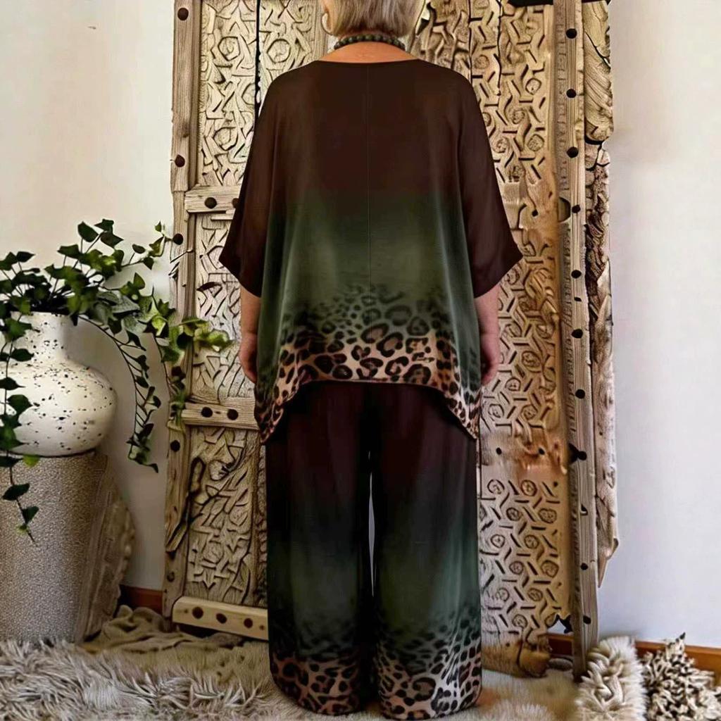 Summer New Leopard Print Three-quarter Sleeve Top and Wide-leg Pants Fashion Duet