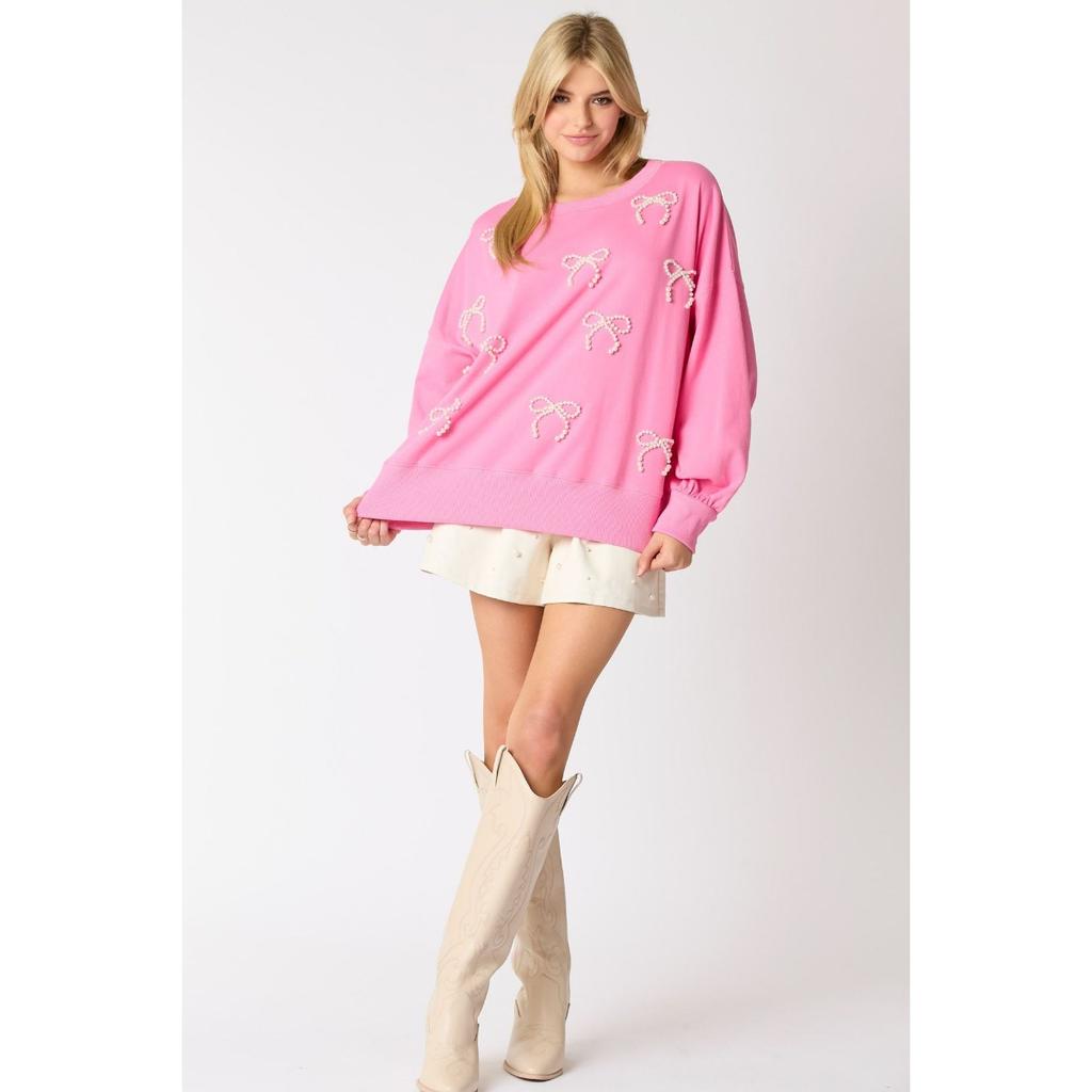 Autumn and Winter New Women's Clothing Pearl Bow Decorative Long-sleeved Top Casual Sweater
