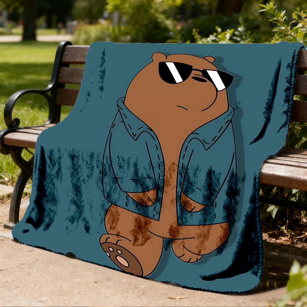 1pc Bear Print Outdoor Flannel Blanket, Lightweight Warm Cozy for Travel Camping Office Soft Polyester Fabric