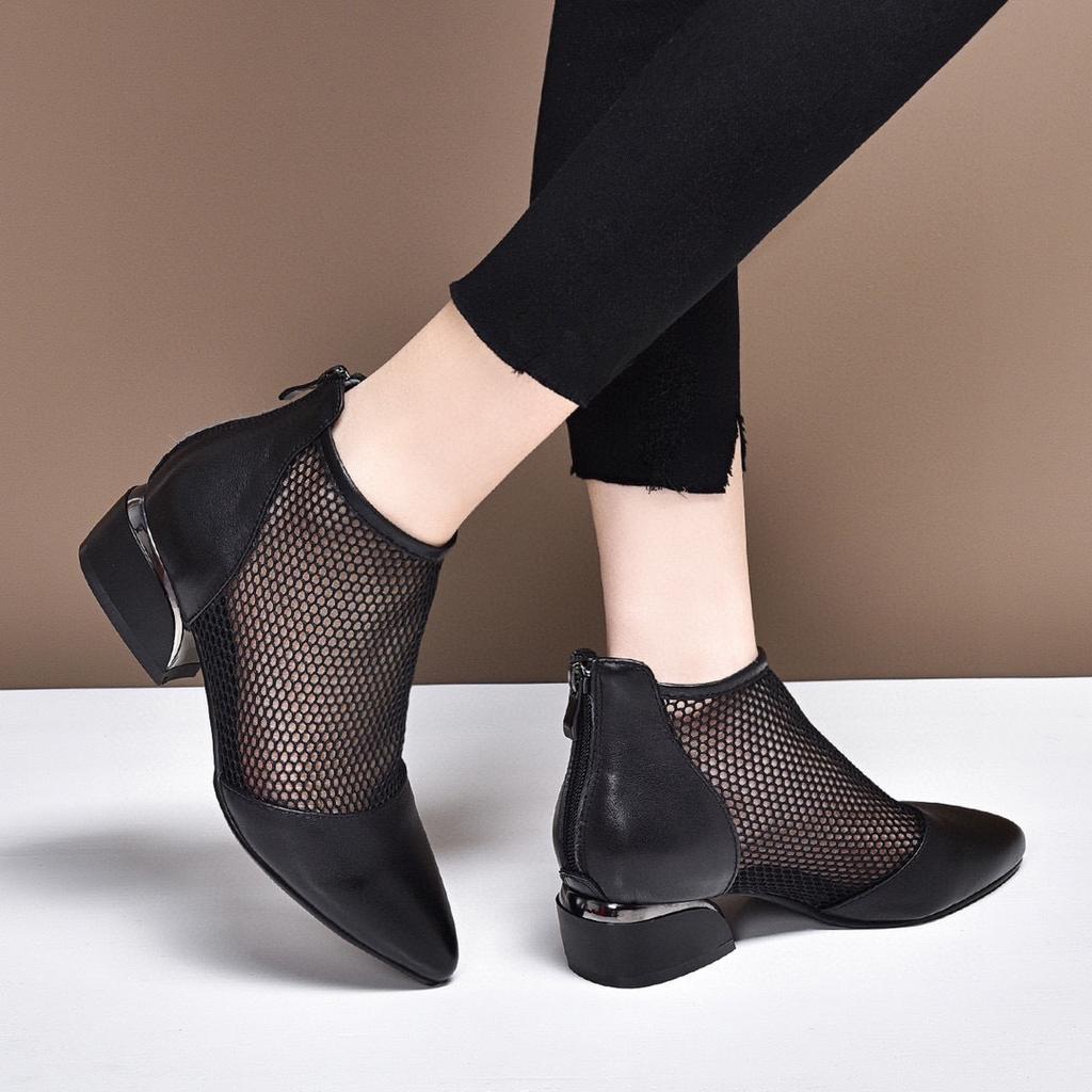 Pointed women's shoes spring new black first-layer cowhide mesh single shoes rear zipper women's fashion shoes