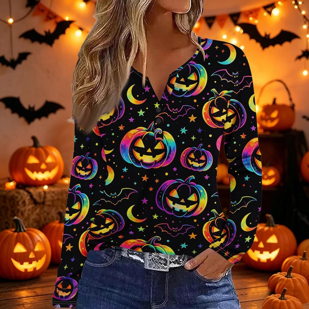 Women V Neck Button Long Sleeve Top with Halloween and Letter Print Casual Loose Fit Shirt for Autumn