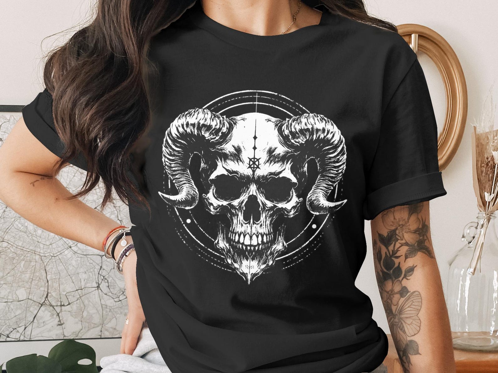 Horned Skull T-Shirt, Gothic Occult Ram Skull Graphic Tee, Dark Academia Witchy Alt Fashion Apparel, Edgy Macabre Gift 4XL