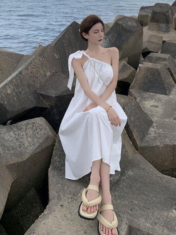 Women's Summer 2026 Irregular One-Shoulder Spaghetti Strap Resort Dress