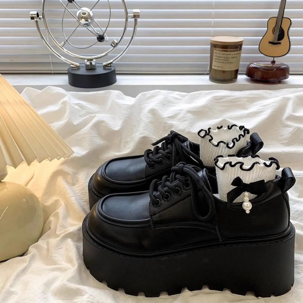 High platform loafers women's laced up chunky flats ladies faux leather shoes waterproof woman thick sole loafers female flats