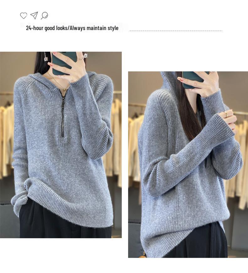 Women's Ribbed Wool Hooded Half-Zip Knit Sweater for Autumn/Winter Outerwear