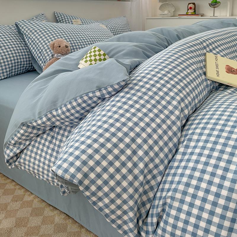 Simple Pure Cotton Four-piece Set Plaid Pure Cotton Bed Sheet Quilt Cover Bed Sheet Type Pure Cotton Dormitory Three-piece Set