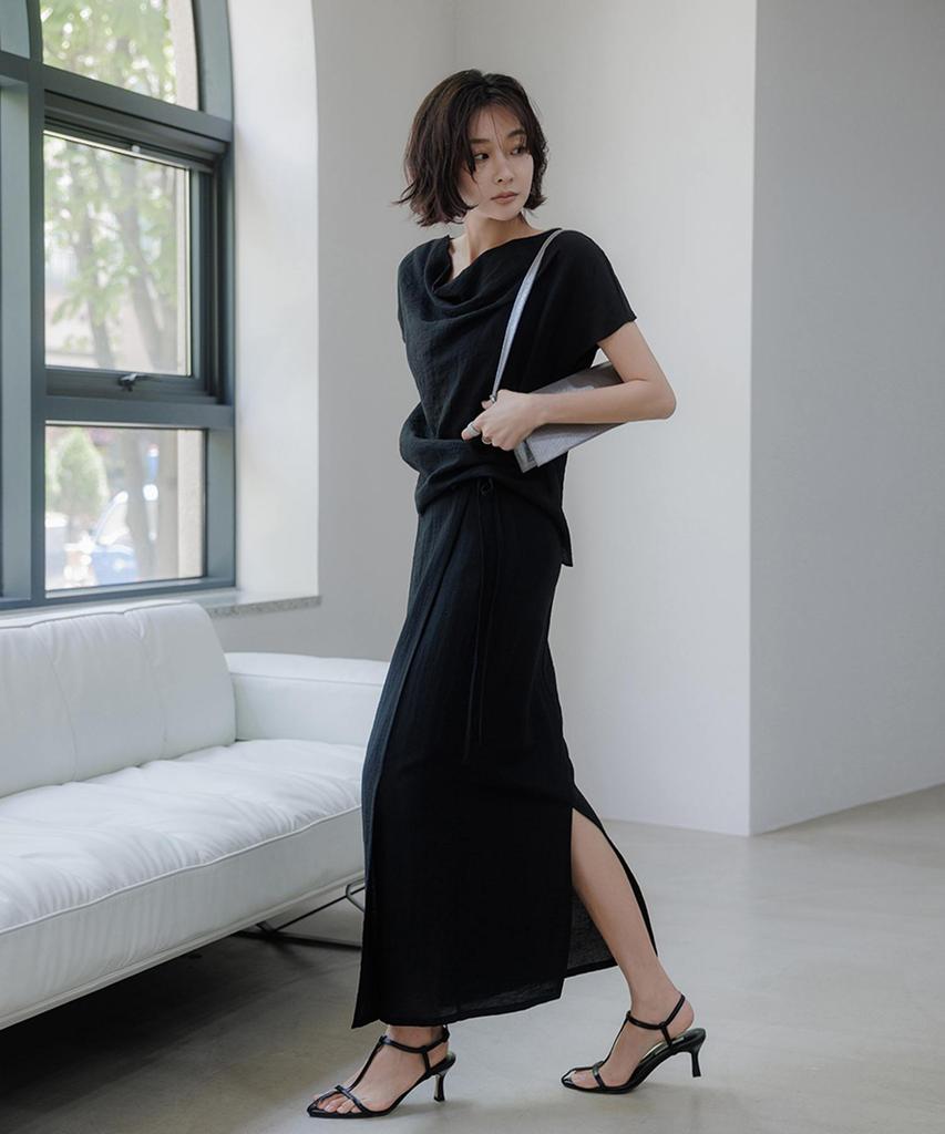 Memua Linen Blend Blouse & Wrap Skirt Set (Black)
