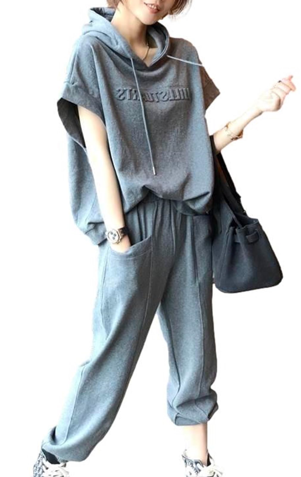 

One Sweatsuit Short Top and Top and Bottom Hoodie with [one s one] One s Set, Sleeve, 2-Piece Set, Bottoms, Set, Hood, Women s (Gray, L) сірий колір